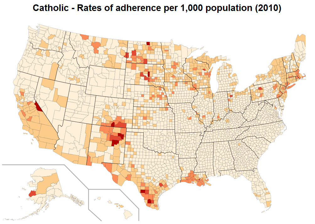 Religion in the US - Catholic Rates of Adherence County Map