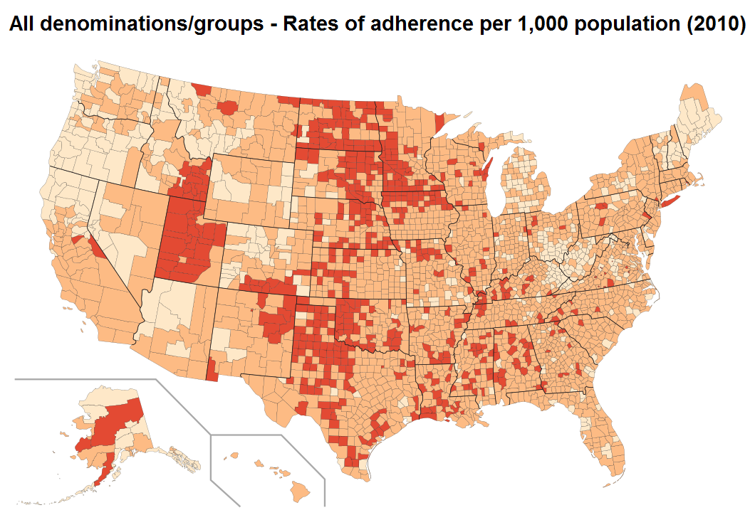 Religion in the US - Rates of Adherence County Map