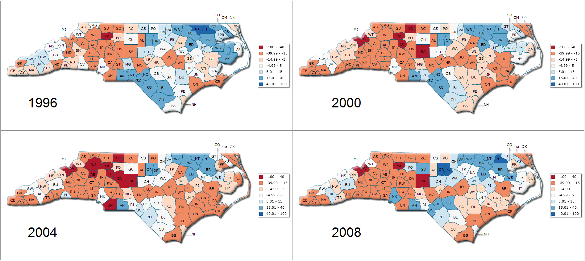 Presidential election results for North Carolina counties 1996-2008