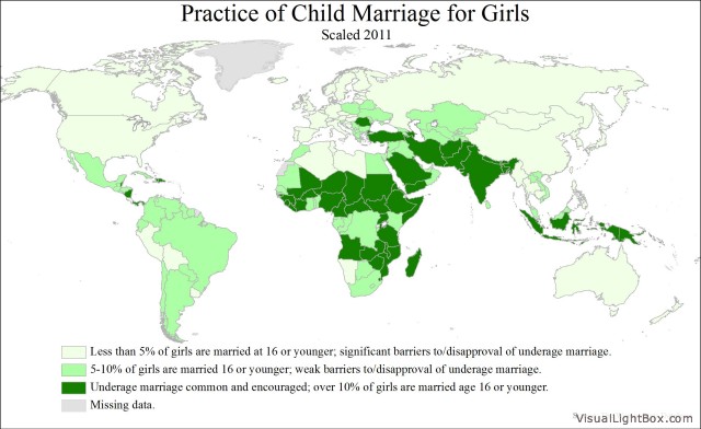 Practice of child marriage for girls by country