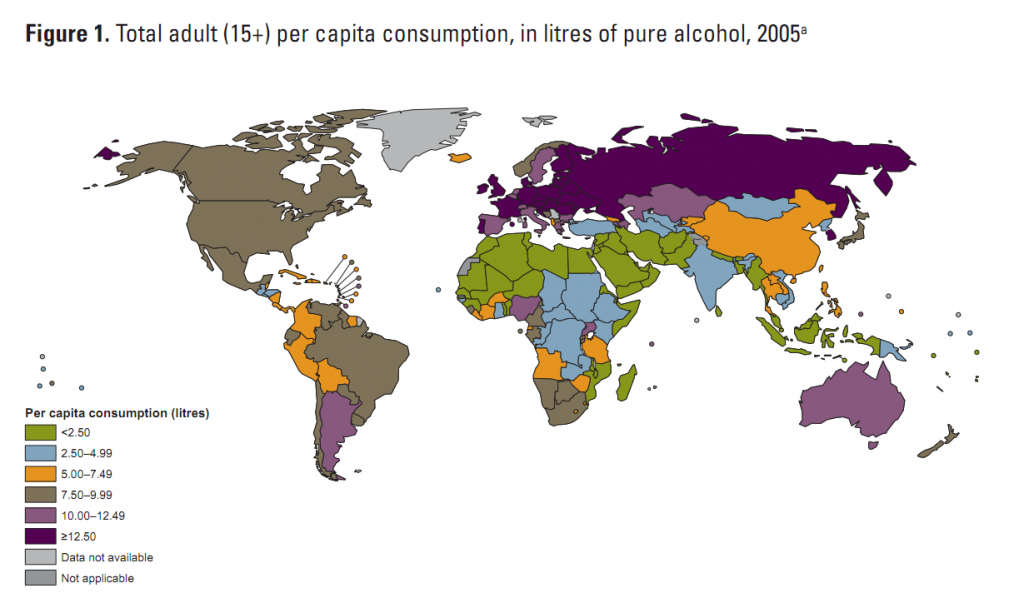 Alcohol consumption per capita by country