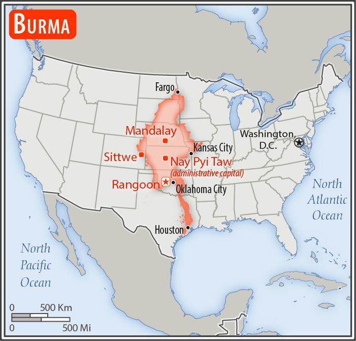 Area comparison map of Burma