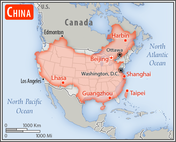 Area comparison map of China