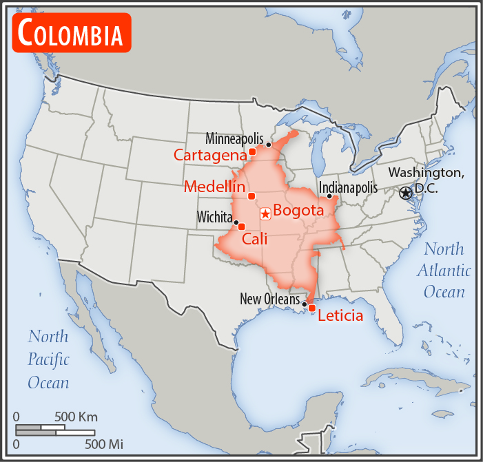 Area comparison map of Colombia