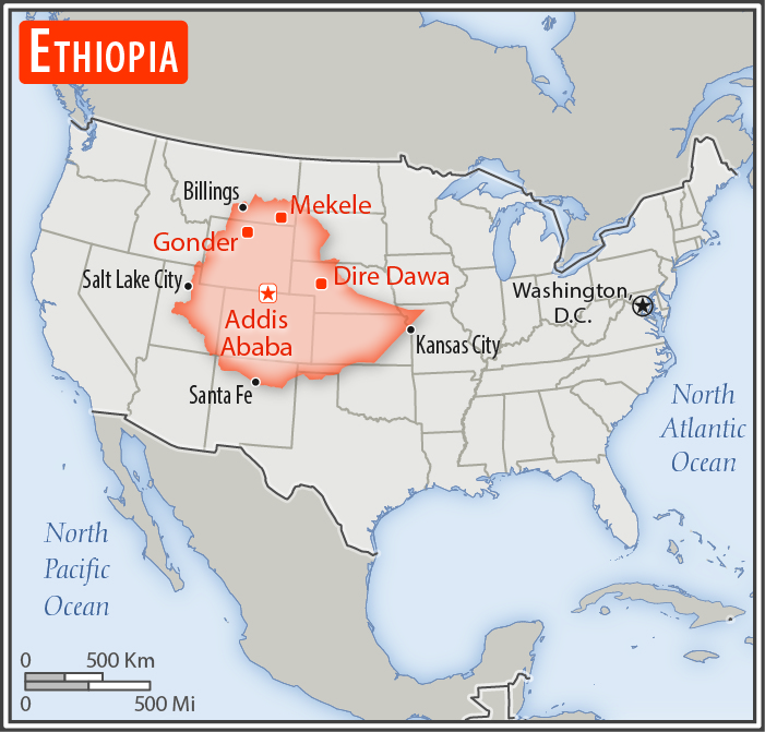 Area comparison map of Ethiopia