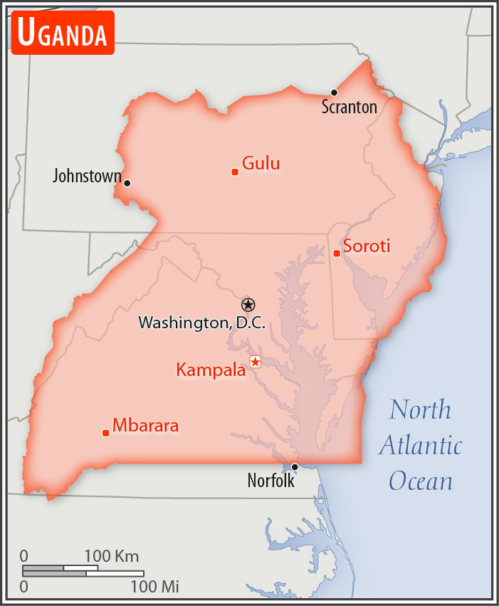 Area comparison map of Uganda