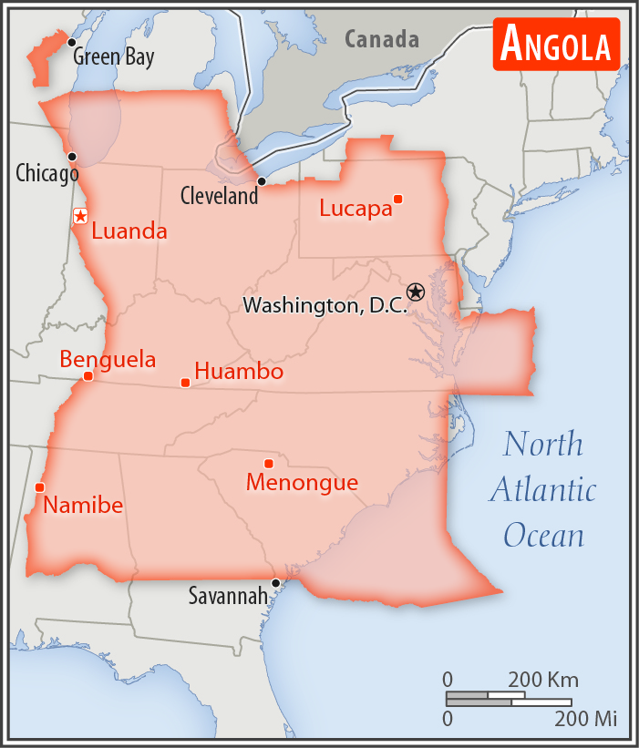 Area comparison map of Angola