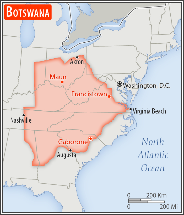 Area comparison map of Botswana