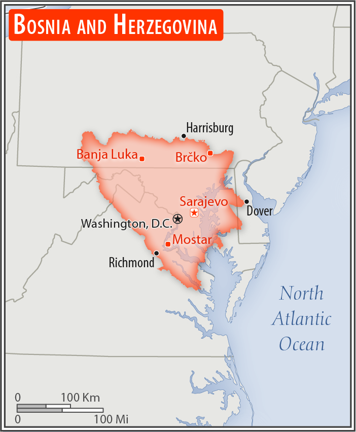 Area comparison map of Bosnia and Herzegovina