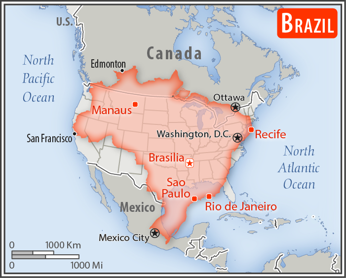 Area comparison map of Brazil