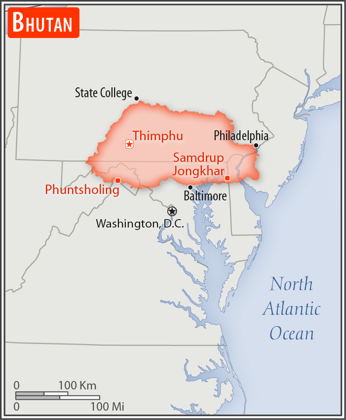 Area comparison map of Bhutan