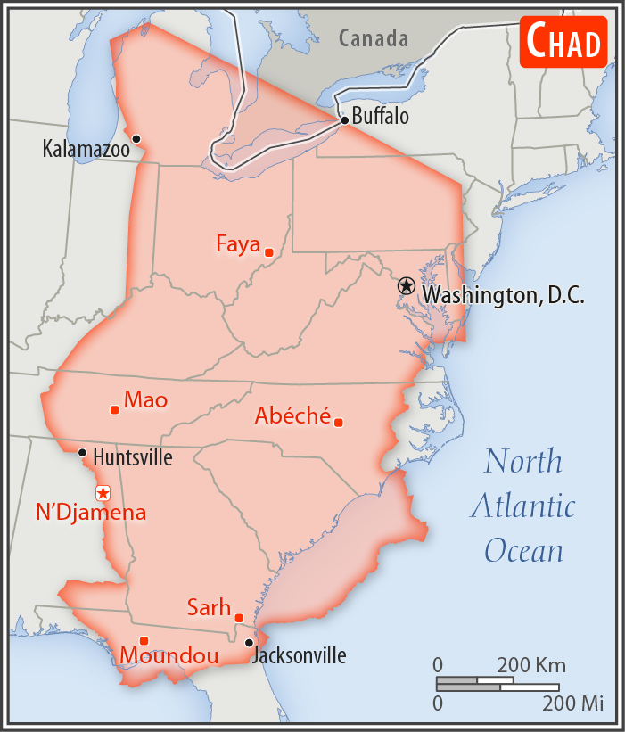 Area comparison map of Chad