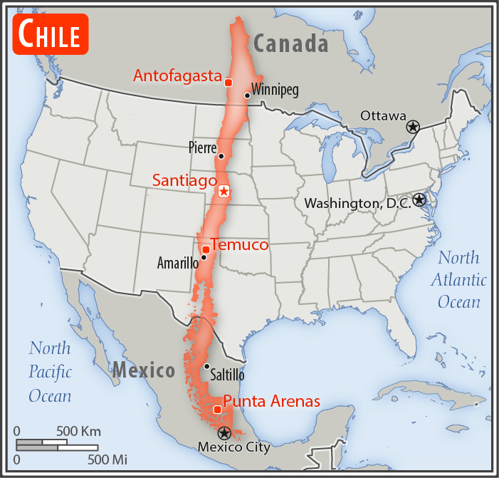 Area comparison map of Chile