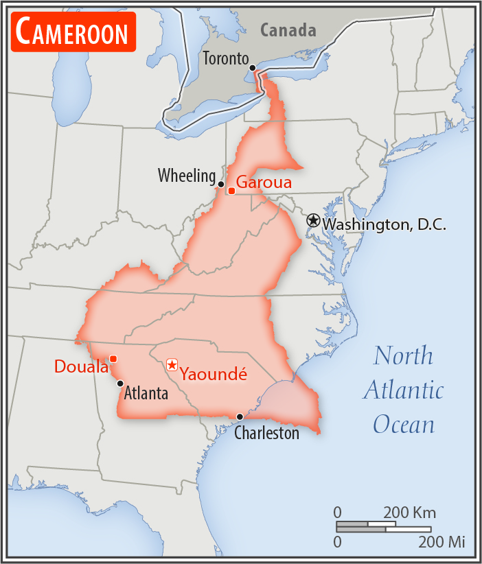 Area comparison map of Cameroon