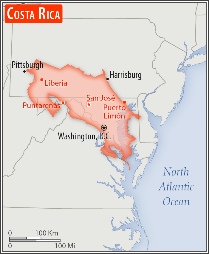 Area comparison map of Costa Rica