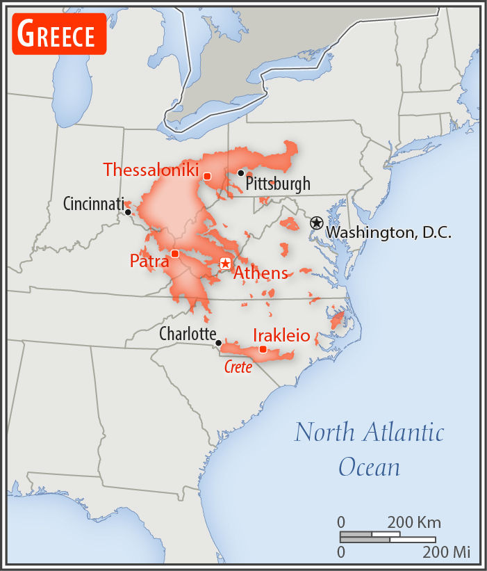 Area comparison map of Greece
