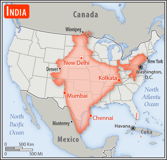 Area comparison map of India