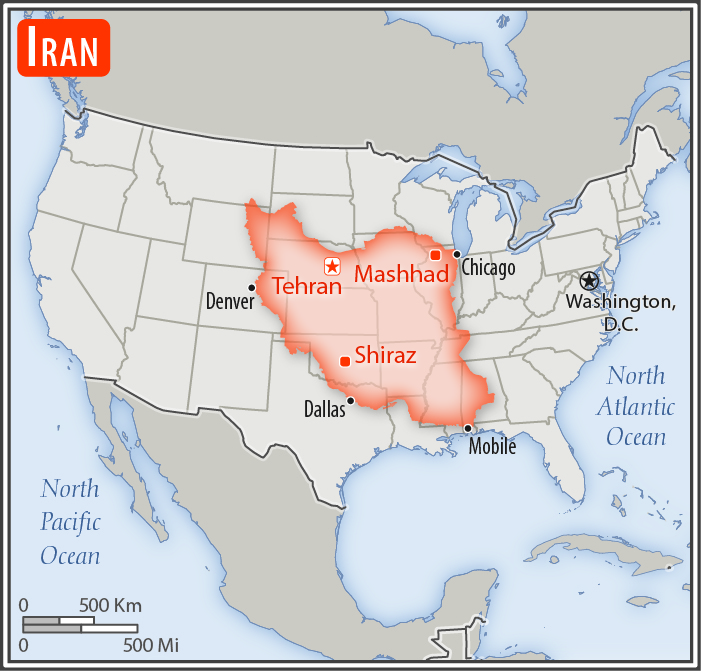 Area comparison map of Iran