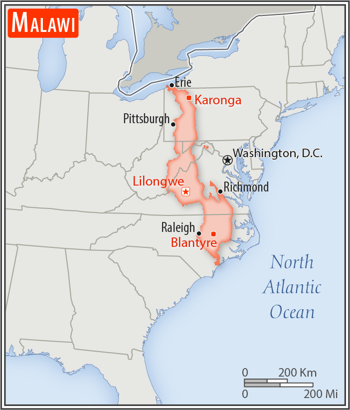 Area comparison map of Malawi