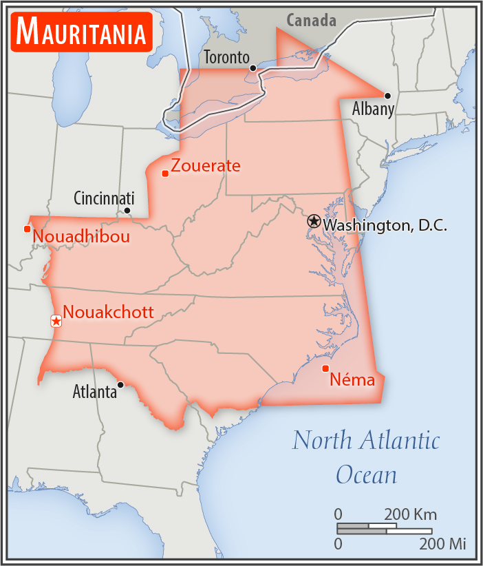 Area comparison map of Mauritania
