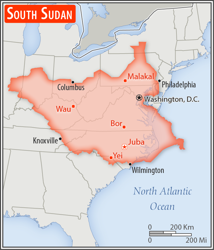 Area comparison map of South Sudan