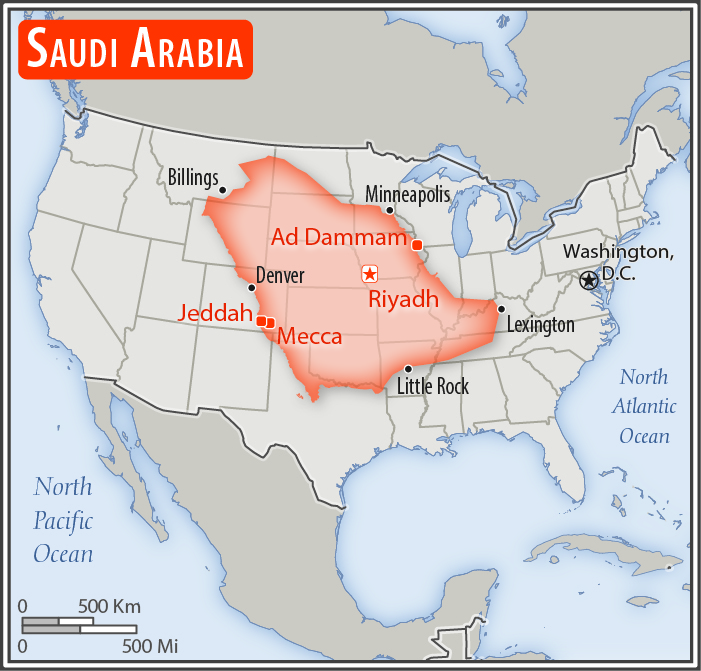 Area comparison map of Saudi Arabia