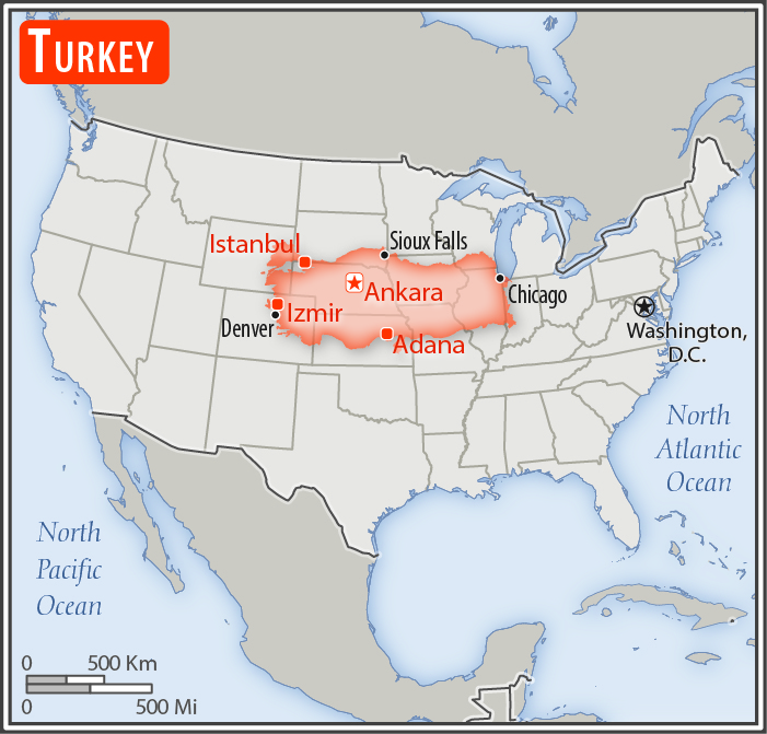 Area comparison map of Turkey