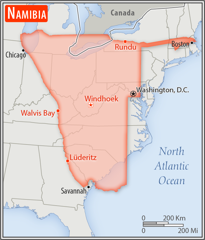 Area comparison map of Namibia
