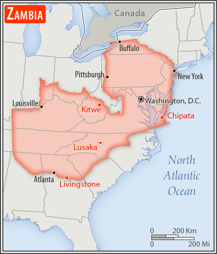 Area comparison map of Zambia